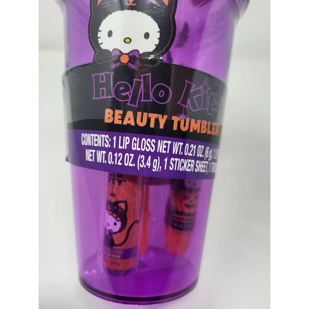 Hello Kitty 12 Oz Tumbler Halloween Theme Beauty Lip Gloss Purple with Straw New